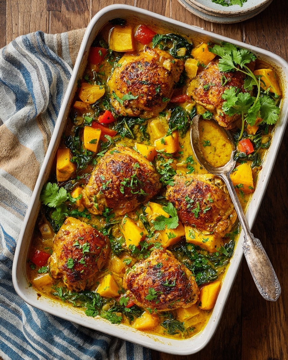 A dark speckled baking dish is filled with a colorful baked chicken dish, featuring six golden-brown chicken pieces with slightly crispy skin on top. The chicken rests on a thick layer of sautéed greens that look like spinach, small diced orange cubes, and diced red bell peppers mixed with a brown, sauce-like base. Fresh green chopped herbs and scallions are sprinkled evenly over the top, adding a fresh, vibrant touch. A silver spoon lies inside the dish on the right side. The baking dish is set on a wooden table with a checkered blue and white cloth partially visible on the right side, while the surface underneath is a white marbled texture. Photo taken with an iphone --ar 4:5 --v 7