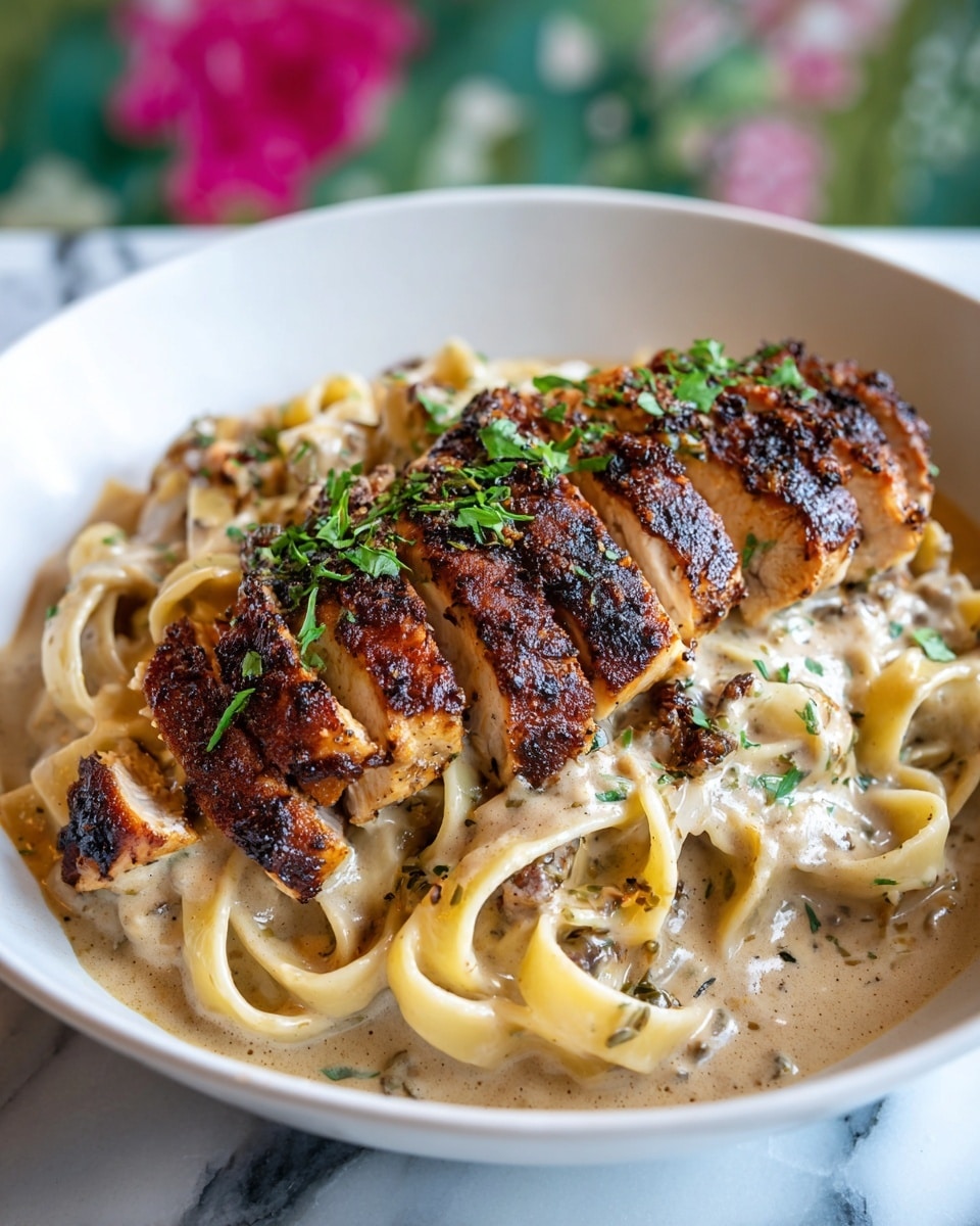 A white bowl filled with wide flat pasta coated in a creamy light beige sauce with visible chopped green herbs mixed throughout. On top of the pasta sit several thick slices of grilled chicken with a darkly charred, crispy brown crust and tender inside. The chicken is garnished with a sprinkling of fresh green herbs. The bowl sits on a white marbled surface with a blurred background of pink and orange flowers, creating a fresh outdoor feel. Photo taken with an iphone --ar 4:5 --v 7