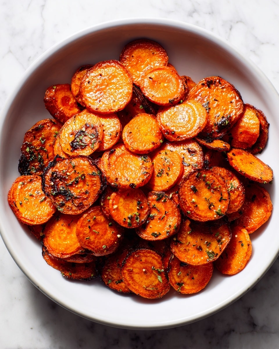 A white bowl filled with a single layer of thin, round, roasted carrot slices that are bright orange with charred black edges and specks of herbs or seasoning scattered across them. The carrot slices have a slightly wrinkled texture and look crispy on the edges. The bowl is placed on a white marbled surface, and natural light highlights the glossy finish of the roasted carrots. photo taken with an iphone --ar 4:5 --v 7