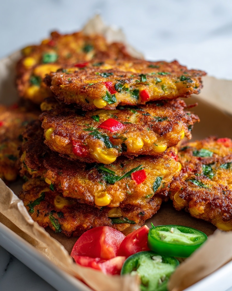 The image shows a close-up of several crispy fritters stacked on top of each other inside a white tray lined with brown parchment paper. The fritters are golden brown with an uneven, crunchy texture and contain visible pieces of red bell pepper, green herbs, and bits of corn, adding bursts of red, green, and yellow colors throughout. A few pieces of sliced green jalapeño and small diced red tomatoes are placed near the bottom left corner of the tray. The white marbled background softly contrasts with the warm tones of the fritters. Photo taken with an iphone --ar 4:5 --v 7