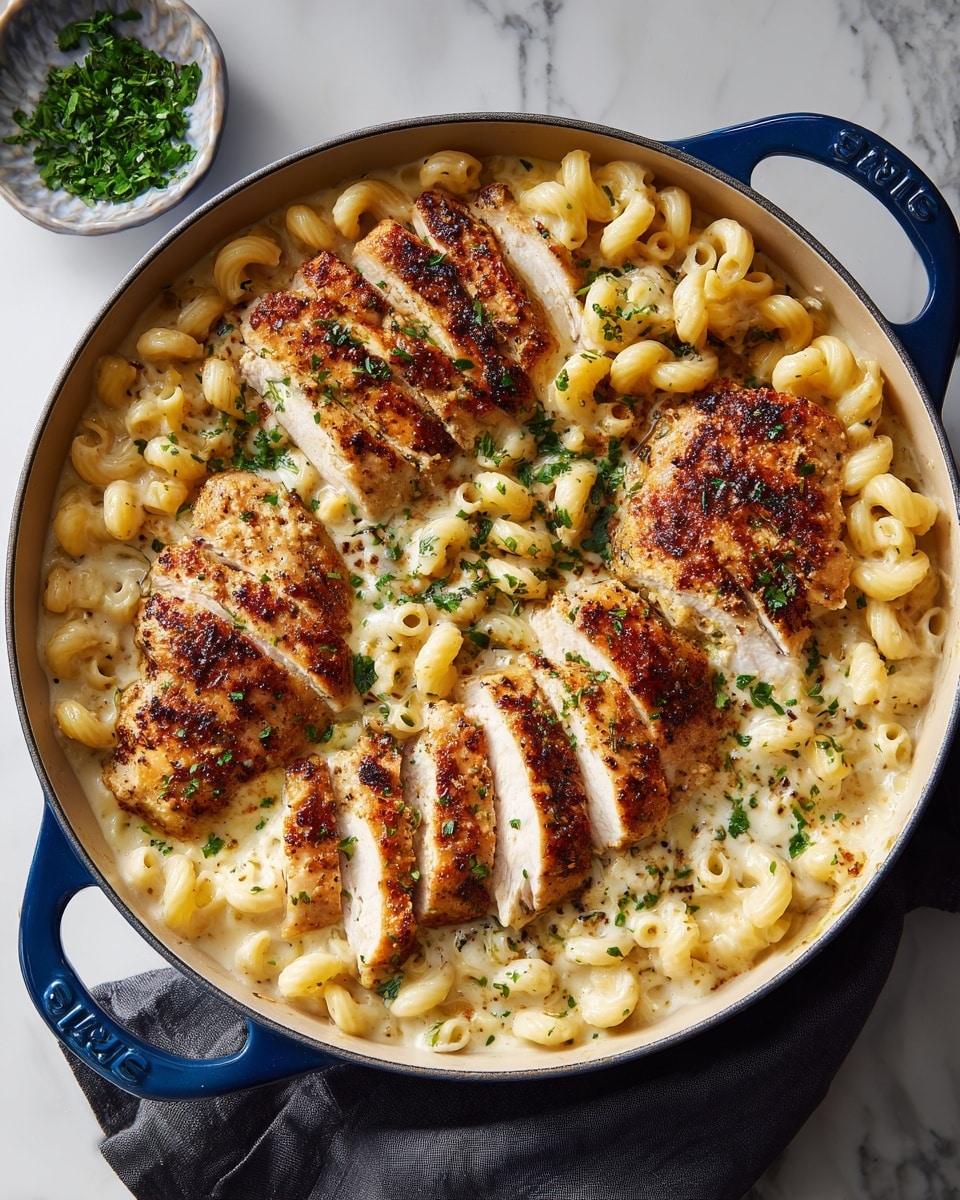 A deep round pan holds a creamy macaroni base of pale yellow, tube-shaped pasta filling the entire bottom layer. On top, there are four pieces of golden-brown grilled chicken breast; three are whole and one is sliced into thick strips, all showing a slightly crispy texture with small green herb sprinkles. The pan has blue handles with embossing on them. The scene is set on a white marbled surface with a small bowl of green chopped herbs nearby and a dark cloth partially under the pan. Photo taken with an iphone --ar 4:5 --v 7