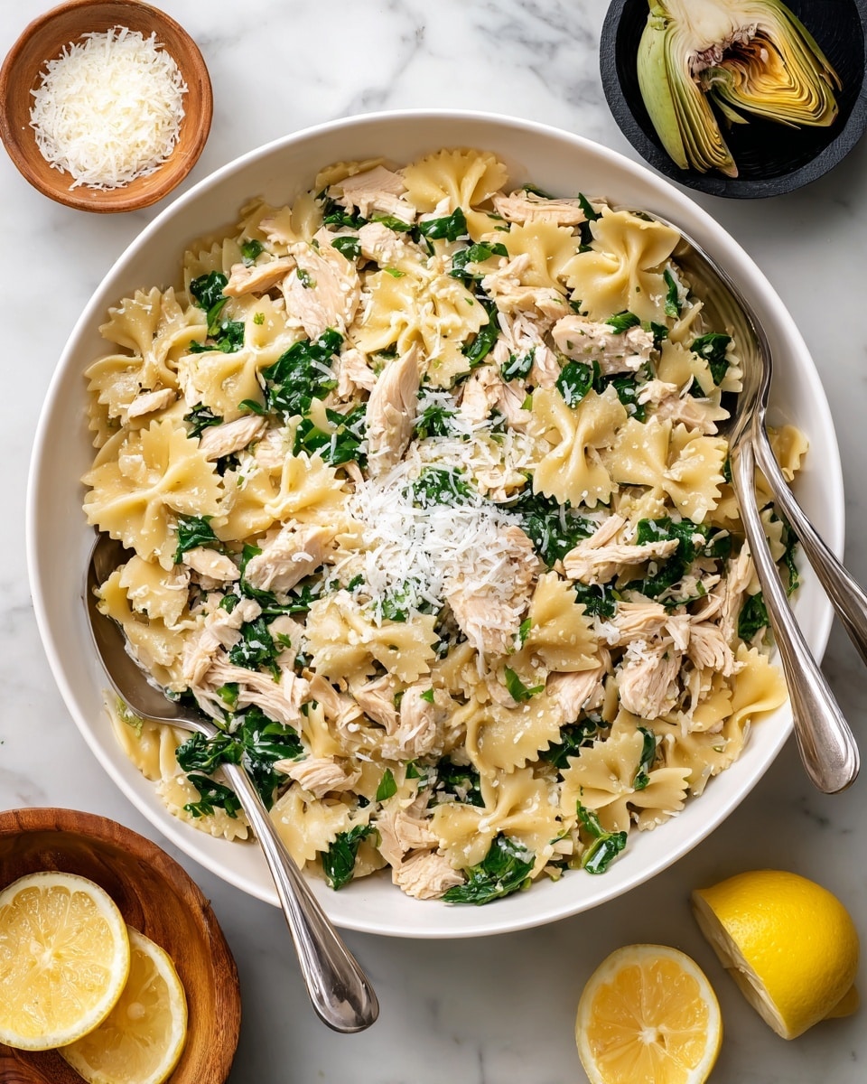A large white bowl filled with farfalle pasta mixed with shredded chicken pieces and chopped fresh green spinach leaves, topped with finely grated white cheese in the center. Two silver serving spoons rest inside the bowl. Around the bowl, there is a small wooden bowl of grated cheese on the left, a small black bowl with artichoke hearts on the top right, and two lemon halves placed on the bottom right on a white marbled surface. The colors include light yellow pasta, green spinach, white cheese, and beige chicken. Photo taken with an iphone --ar 4:5 --v 7