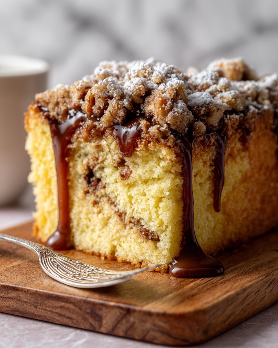 A thick slice of yellow cake with small dark bits inside is shown close up on a wooden board. On top, there is a thick layer of crumbly, brown streusel mixed with whole pecans, covered lightly with white powdered sugar. Dark caramel sauce is dripping down the sides from the top layer. In the foreground, part of a silver fork lies on the wooden surface. The background shows a soft, slightly blurred white marbled texture. Photo taken with an iphone --ar 4:5 --v 7