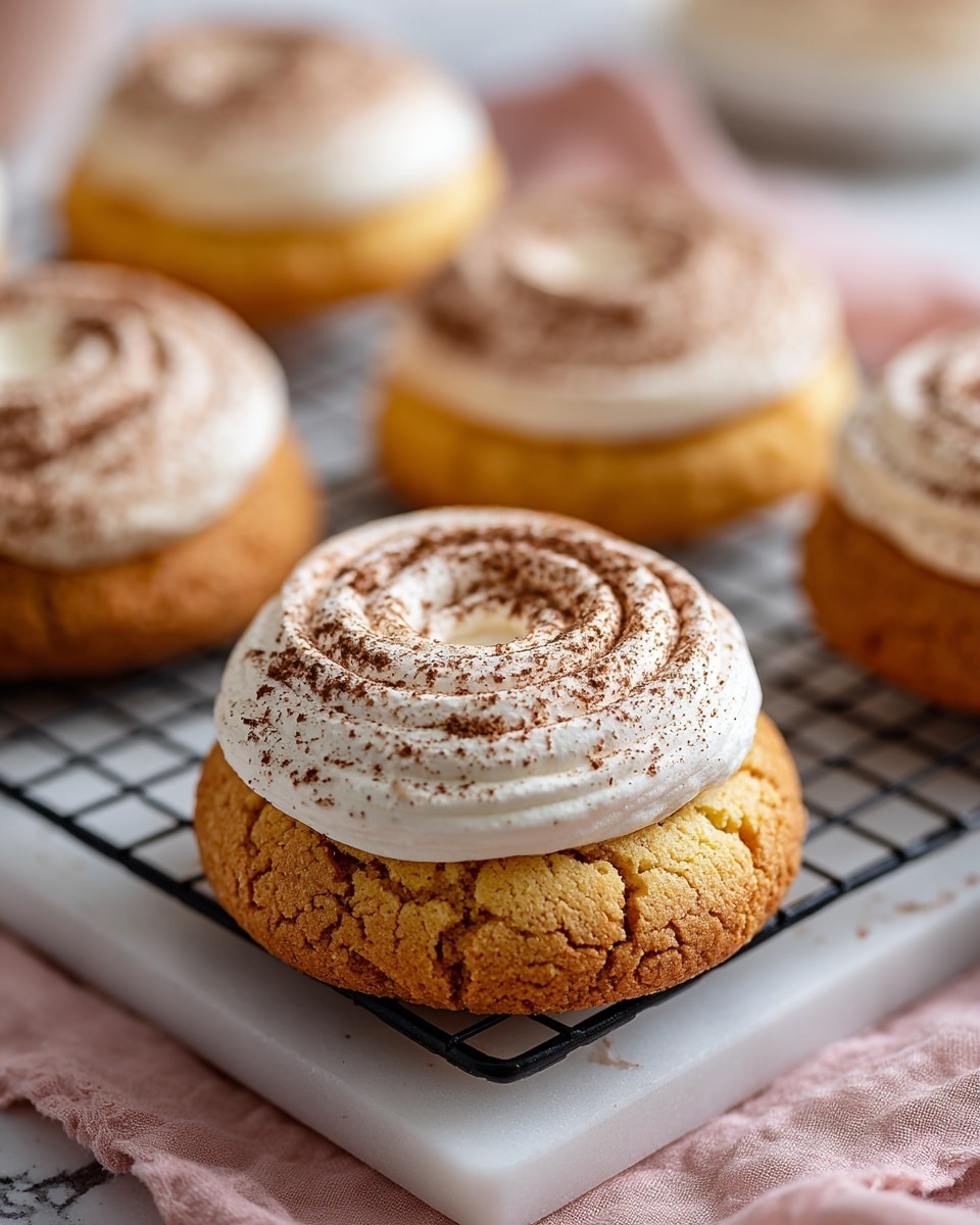 The image shows several round cookies on a white tray with a black wire cooling rack. Each cookie has two visible layers: the bottom layer is golden brown and cracked with a soft texture, and the top layer is a smooth, white cream swirled into a ring shape, dusted with fine brown powder, likely cocoa. The cookies are placed on a white marbled surface, with a soft pink cloth partially visible underneath the tray. In the foreground, one cookie is in focus, showing details clearly, while the others fade softly into the background. photo taken with an iphone --ar 4:5 --v 7