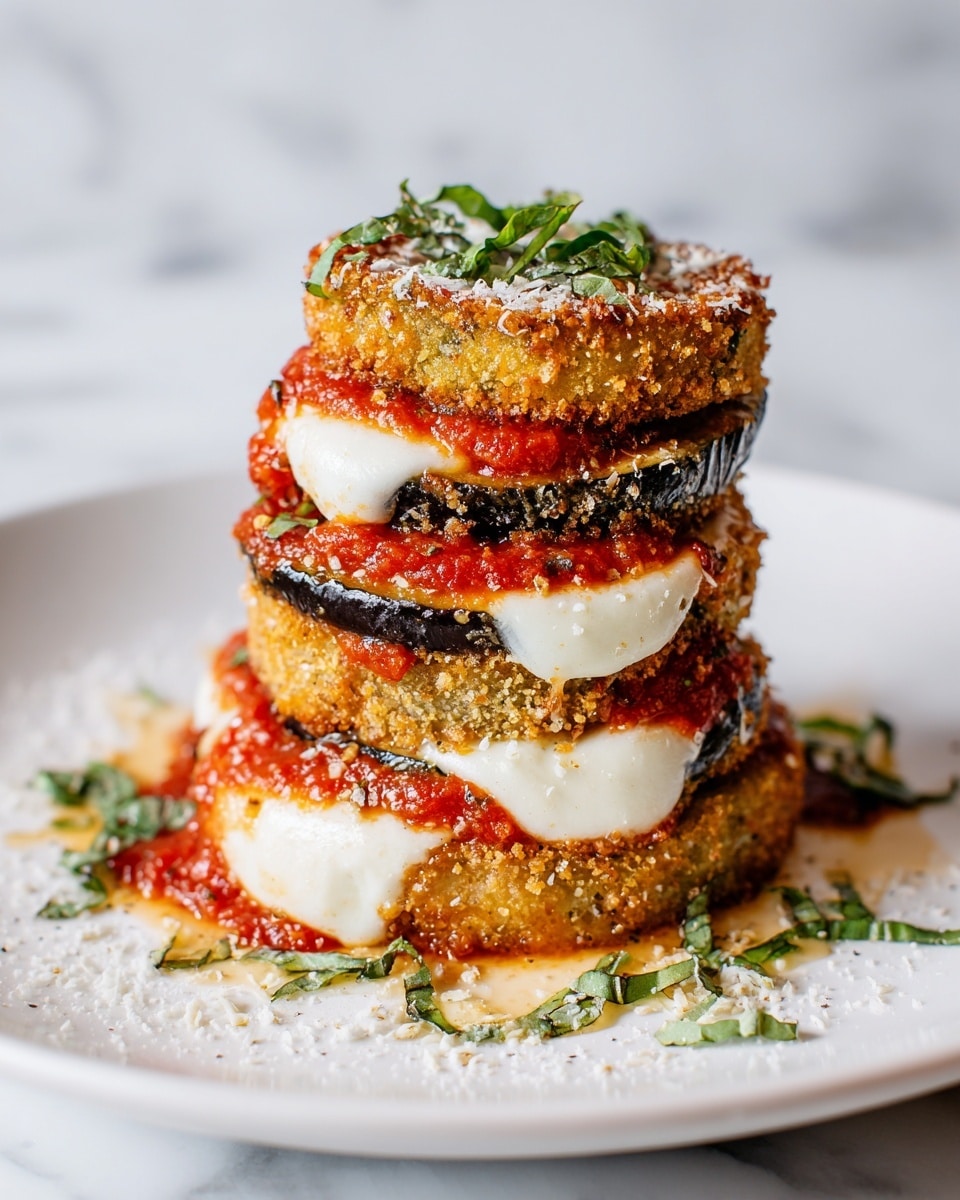 A tall stack of four layers sits on a white plate with a white marbled surface beneath. The bottom layer is a golden, crispy fried round of eggplant with a rough, crunchy texture. On top of this is a layer of melted white mozzarella cheese with a smooth, soft look, partially covered by chunky, bright red marinara sauce. Above the sauce is another fried eggplant round, golden brown and crispy on the edges. This is followed by another thin layer of melted mozzarella cheese and sauce peeking through. The third layer is again fried eggplant, golden and crispy, slightly charred on the edges, topped with a final, thick fried eggplant round dressed with marinara sauce, a sprinkle of grated white cheese, and fresh chopped green basil leaves scattered on top and around the plate. photo taken with an iphone --ar 4:5 --v 7