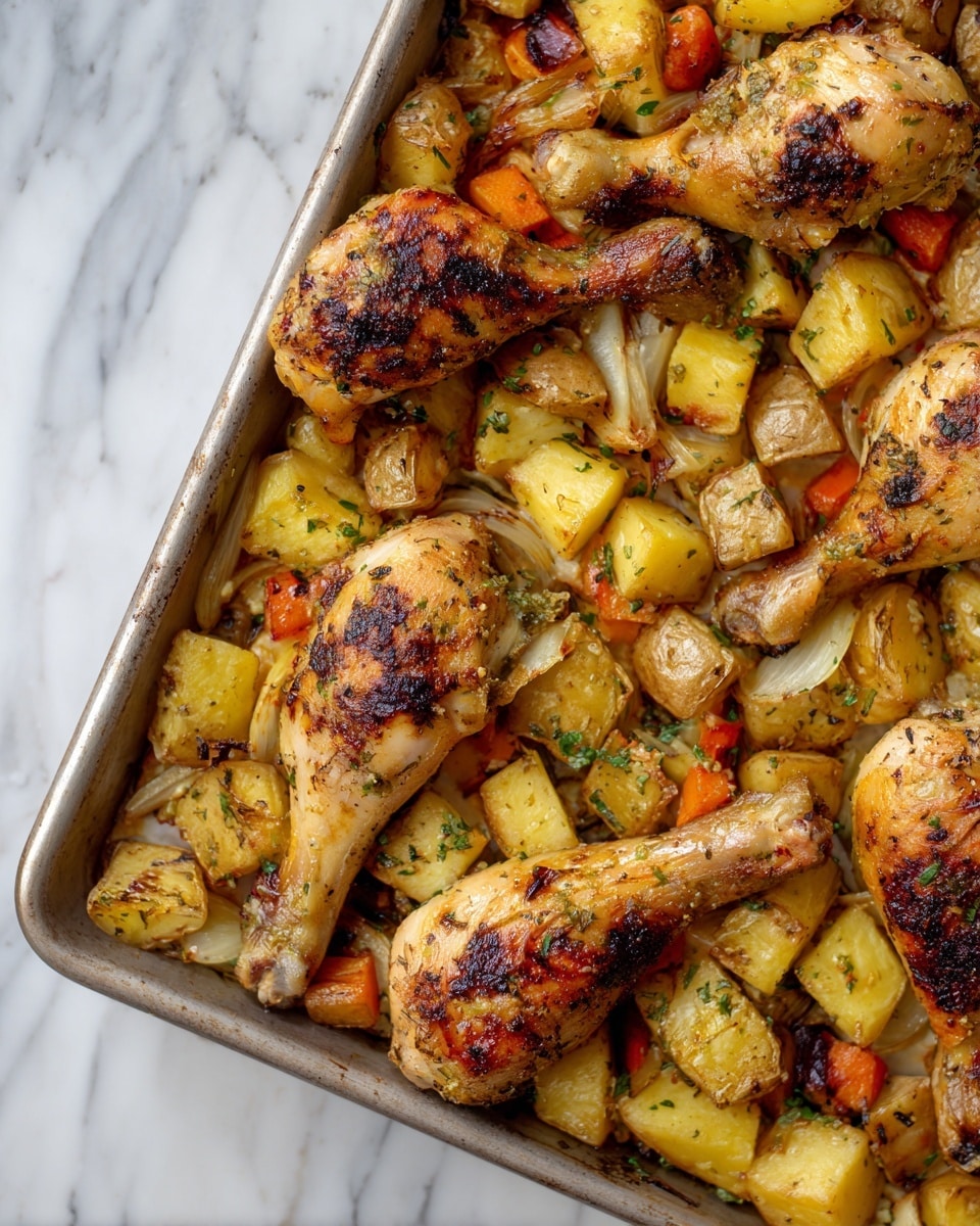 The image shows a metal baking tray filled with golden brown roasted chicken drumsticks placed on a bed of roasted potato chunks. The chicken skin is crispy and slightly charred with visible herbs and spices sprinkled on top. The potatoes underneath have a mix of soft yellow and browned edges with some caramelized bits. Pieces of roasted onion and carrot are scattered throughout, adding some texture and warmth. The overall scene is warm and rustic, set on a white marbled surface photo taken with an iphone --ar 4:5 --v 7