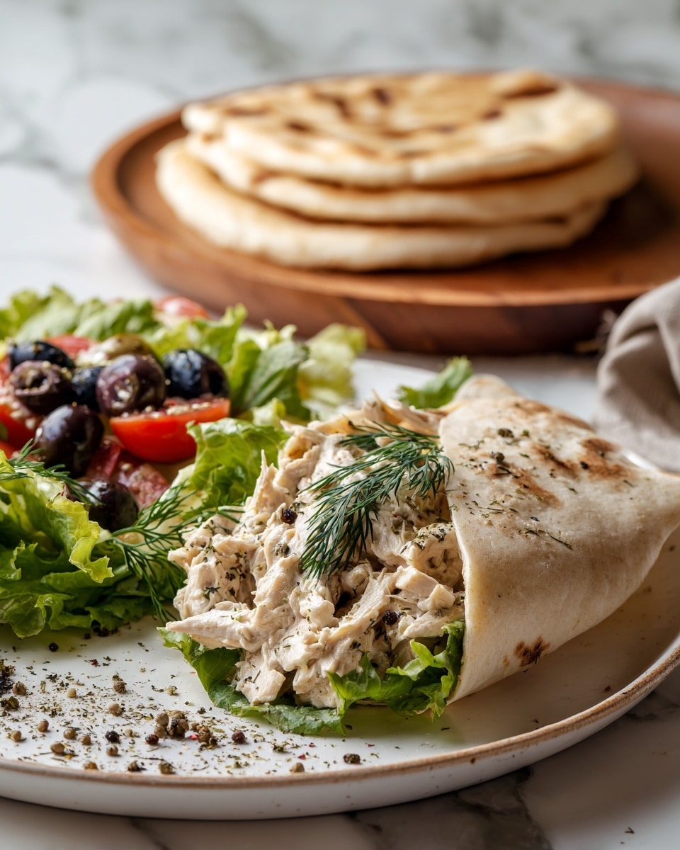 A wrap with three main layers is shown on a white speckled round plate on a white marbled texture. The bottom layer is a pale tortilla folded and tied with string. Inside is a bright green leafy lettuce layer. The top layer is a creamy chicken salad with shredded white chicken, chopped dark olives, small pieces of orange tomatoes, and dill sprinkled on top. Next to the plate is a white bowl with blue-green dots holding lemon wedges. Photo taken with an iphone --ar 4:5 --v 7
