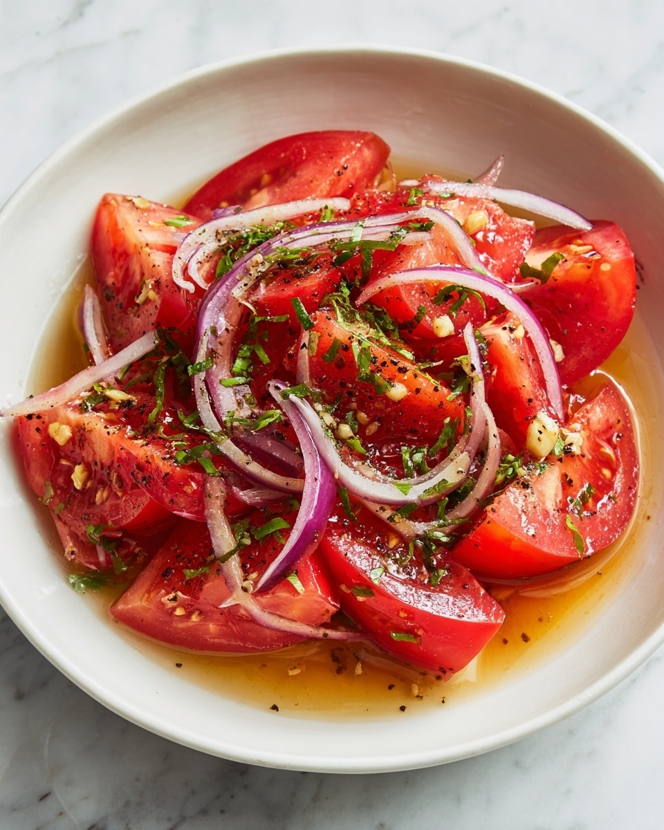A white bowl filled with a fresh tomato salad showing roughly two layers: the base layer consists of thick, bright red tomato wedges, glossy with juice, and the top layer has thin, curved strips of purple onion scattered throughout. The salad is mixed with finely chopped green herbs and a shiny, light brown dressing that pools slightly at the bottom. Black pepper and small bits of garlic are sprinkled on top, adding texture and contrast to the vibrant red and purple colors. The bowl sits on a white marbled surface. photo taken with an iphone --ar 4:5 --v 7
