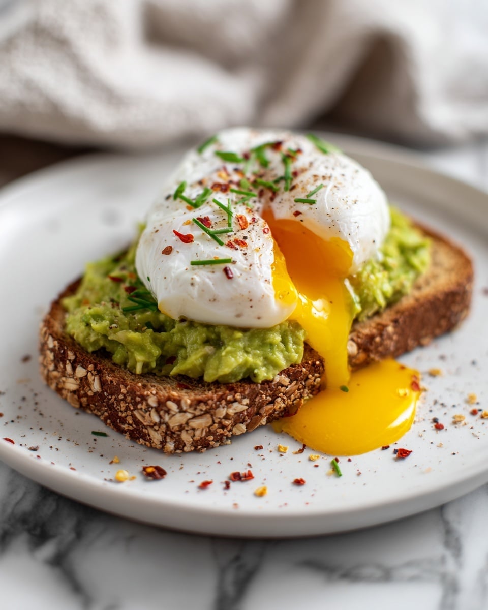 A single slice of toasted whole grain bread with visible oats on the crust forms the base layer on a white plate. On top of the bread, there is a thick, uneven layer of chunky, light green mashed avocado spread. Sitting on the avocado is a poached egg with a smooth white exterior, cracked open to reveal bright yellow runny yolk spilling down onto the avocado and plate. The egg is sprinkled with small green chive pieces, black pepper, and red chili flakes. The plate is placed on a white marbled surface, with a cloth towel partially visible in the background. photo taken with an iphone --ar 4:5 --v 7