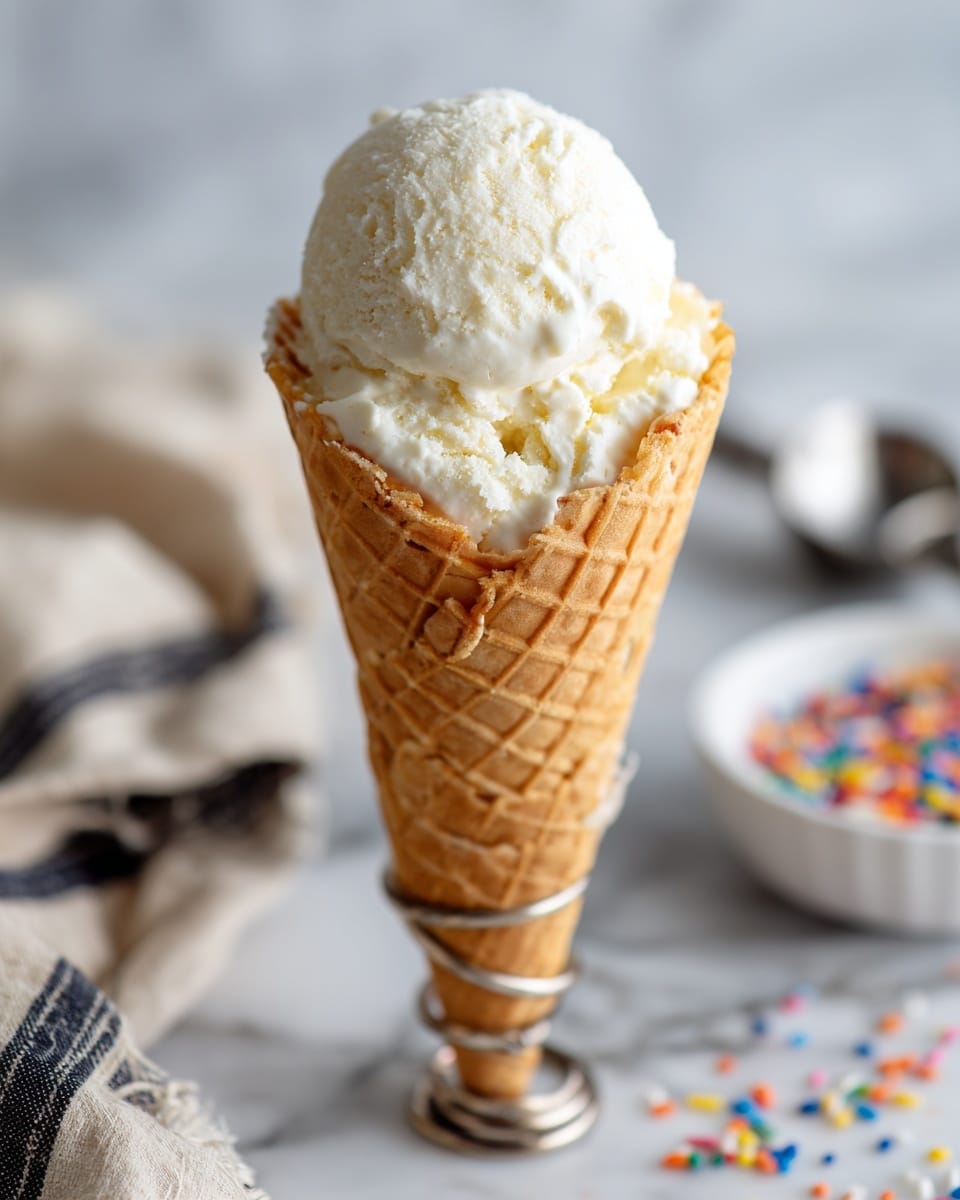 A single scoop of creamy pale vanilla ice cream sits atop a golden brown waffle cone with a crisscross pattern, held upright in a spiraled metal cone stand, positioned on a white marbled texture. The ice cream scoop is smooth with faint ridges, slightly overflowing the cone’s rim with small uneven edges. In the blurred background, a white bowl of colorful round sprinkles and a silver ice cream scoop lie scattered on the surface, alongside a beige cloth with black stripes draped casually nearby. Photo taken with an iphone --ar 4:5 --v 7