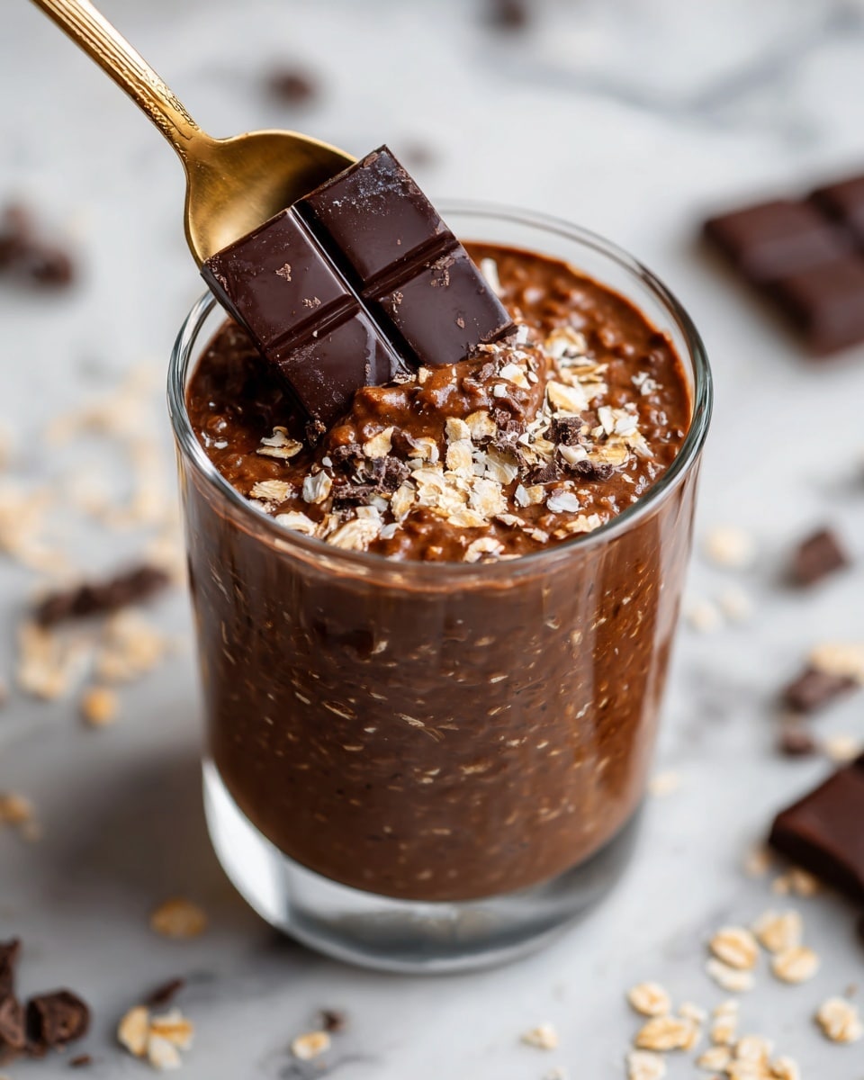 The image shows a clear round glass filled with a thick chocolate oatmeal mixture which forms the first layer, rich brown with a creamy texture mixed with oats. On top, a thick layer of dark chocolate with a glossy finish is partially broken and melting into the oatmeal below. A golden spoon is inserted into the jar, scooping some oatmeal and pressing against the dark chocolate top, showing the thick creamy texture. The jar is placed on a white marbled surface with scattered dry oats and dark chocolate pieces around it. photo taken with an iphone --ar 4:5 --v 7