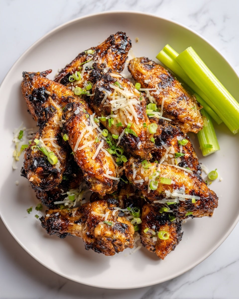 The image shows a white plate filled with about fifteen golden-brown chicken wings, each wing crispy with charred spots and sprinkled with finely chopped green herbs and grated white cheese. At the top edge of the plate, there are several bright green celery sticks arranged side by side. The white plate rests on a white marbled surface with a striped cloth partially visible underneath, adding texture to the scene. photo taken with an iphone --ar 4:5 --v 7