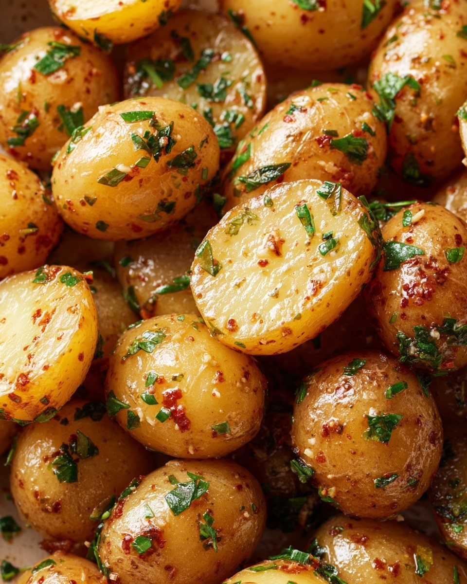 The image shows a close-up of small round potatoes, some cut in half and others whole, all coated with shiny oil and sprinkled with green chopped herbs. The skin of the potatoes is light brown with small darker spots, and the smooth cut surfaces reveal a pale yellow inside. The texture looks soft and glistening with moisture and oil, giving a fresh and cooked appearance. The green herbs add a fresh color contrast over the glossy potatoes. photo taken with an iphone --ar 4:5 --v 7