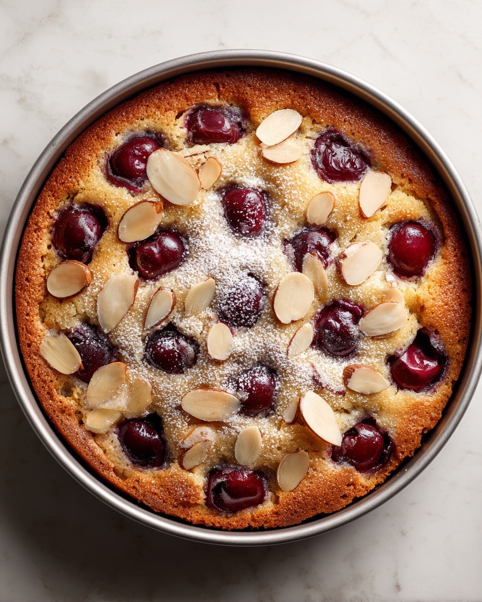 A round baked cake in a silver metal pan with a cracked golden brown top layer, dotted with dark red cherries partly sunken into the batter. Lightly toasted almond slices are scattered over the cake's surface, along with a dusting of white powdered sugar mainly in the center. The pan sits on a white marbled textured surface. photo taken with an iphone --ar 4:5 --v 7