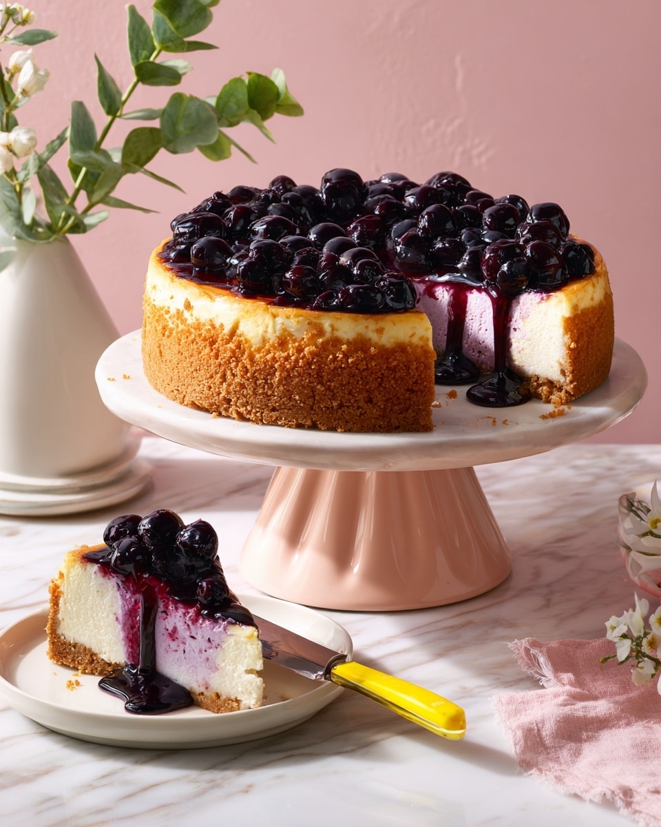 A tall cheesecake with a thick, crumbly golden brown crust stands on a pink cake stand with a scalloped edge. The cake has two visible layers: a thick, smooth purple blueberry cream layer filling most of the cake, and a darker glossy layer of whole blueberries covering the top. One slice is cut out and placed on a white plate to the right, showing the creamy purple layer inside with some blueberry juice dripping slightly down the side. A knife with a wooden handle lies in front of the cake stand on a white marbled surface. There is a blurred small plant in a white pot in the background and soft natural light brightening the scene. Photo taken with an iphone --ar 4:5 --v 7