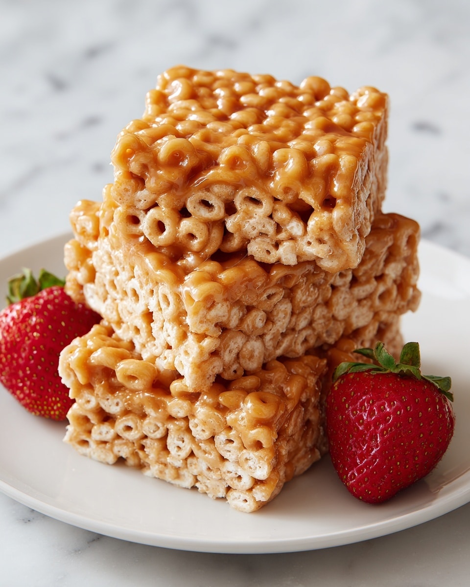 The image shows three square cereal bars stacked on a white plate with a white marbled surface in the background. Each bar has one thick layer made of golden brown, shiny honey-coated Cheerios-like cereal loops tightly packed together. The texture looks sticky and glossy with the cereal loops clearly visible and interlocked. On the left side of the plate, there are two bright red strawberries adding a fresh color contrast. The bars fill most of the plate, showing a close-up view that highlights the shiny texture and details of the cereal loops. photo taken with an iphone --ar 4:5 --v 7