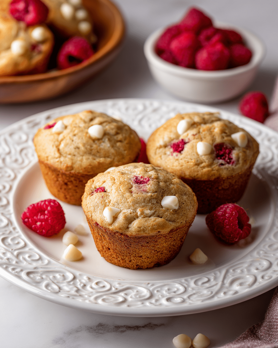 Three golden-brown muffins with visible chunks of white chocolate and bright red raspberries peek through the soft, slightly cracked tops, all arranged closely on a round white plate with intricate raised swirl designs around the edge. In the blurred background, a wooden white bowl lined with white parchment paper holds several crescent-shaped rolls with raspberry filling spilling out, also set on a white marbled surface. Fresh whole raspberries and small white chocolate pieces are scattered around, adding a touch of color and texture to the scene. Photo taken with an iphone --ar 4:5 --v 7