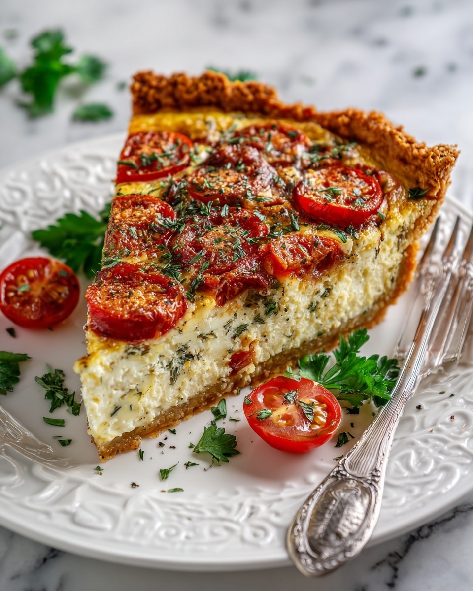 A single slice of quiche sits on a white plate with an intricate raised pattern, resting on a white marbled surface. The quiche has three layers: the bottom is a light brown crispy crust, the middle is a thick, fluffy, pale yellow egg mixture with visible herbs, and the top layer is melted golden cheese with bright red tomato slices arranged on top, sprinkled with dried herbs. Around the slice, there are fresh green parsley leaves and small round red slices of what looks like cherry tomatoes or sausage. A silver fork with detailed engravings is placed to the right of the quiche slice. Photo taken with an iphone --ar 4:5 --v 7
