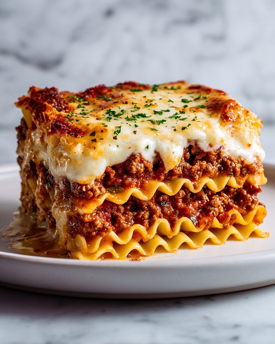 A thick piece of lasagna sits on a white plate, showing four visible layers of wavy pasta sheets that are golden yellow. Between the pasta layers, there are rich, chunky layers of dark brown ground beef mixed with red tomato sauce. Between the meat layers, creamy white ricotta cheese is spread thickly. The top pasta layer is covered with melted white cheese sprinkled with small green herbs. Small herbs are also scattered on the plate around the lasagna. The plate is placed on a white marbled surface. photo taken with an iphone --ar 4:5 --v 7