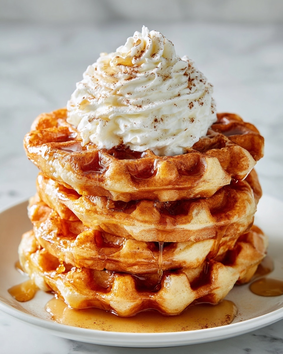 A stack of four golden-brown waffles is placed in the center of a white plate, each layer showing a crisp texture with deep pockets filled with syrup that glistens warmly. At the top of the stack, there is a generous swirl of white whipped cream, dusted lightly with cinnamon powder and a drizzle of syrup. The syrup also pools slightly around the base of the waffles, creating a shiny contrast against the matte white plate. The background is a white marbled texture, adding a clean and bright feel to the image. photo taken with an iphone --ar 4:5 --v 7