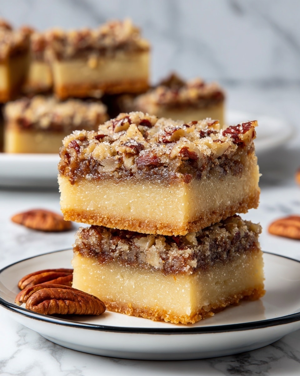 A stack of four pecan bars is shown on a white plate with a thin black rim, resting on a white marbled surface. Each bar has two clear layers: the bottom layer is a smooth, firm, pale yellow crust, and the top layer is a thick, textured mixture filled with small chopped pecans, giving it a rough, nutty appearance in light to dark brown shades. There are a few whole pecans scattered around the plate. In the blurred background, another large pie-like dessert with a golden brown top is visible. photo taken with an iphone --ar 4:5 --v 7