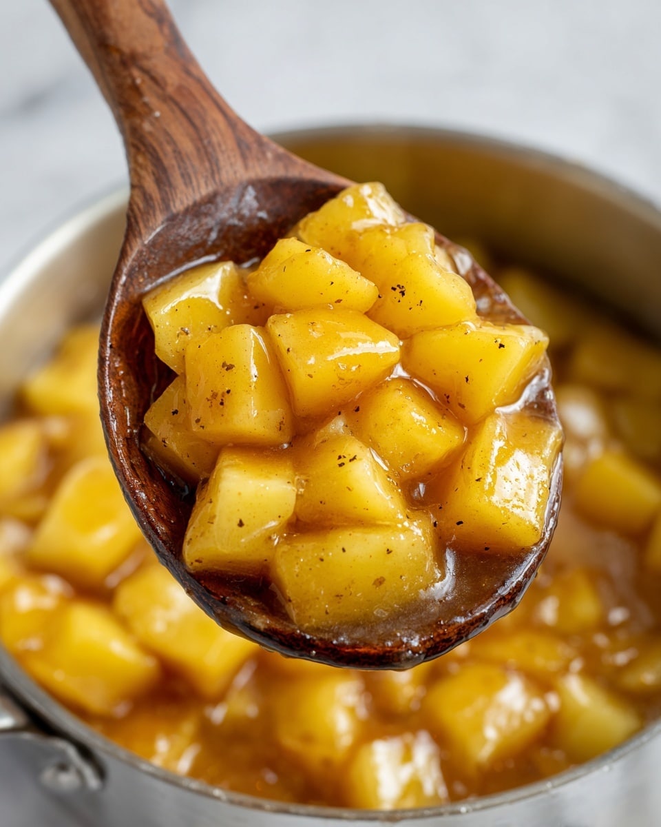 A wooden spoon lifts several large chunks of cooked apples glazed in a thick, shiny golden-yellow sauce with visible tiny specks of cinnamon or spice. The apple pieces are soft but keep their shape, and the sauce looks smooth and sticky. The spoon is held over a stainless steel pot filled with more of the same apple mixture. The background has a white marbled texture. photo taken with an iphone --ar 4:5 --v 7