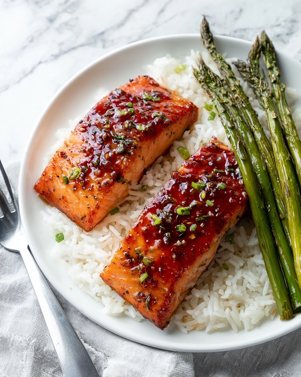 Two pieces of grilled salmon with a shiny, browned orange-red surface and small green herb bits on top are placed on a layer of white rice with soft, round grains. To the right of the salmon, there is one long green asparagus spear. The food is served on a white plate sitting on a white marbled surface. Photo taken with an iphone --ar 4:5 --v 7