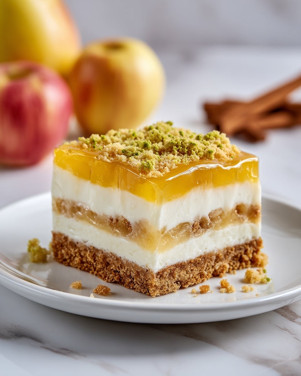 A square dessert bar with four distinct layers sits at the center of a white plate on a white marbled surface. The bottom layer is crumbly and brown with visible bits, slightly rough in texture. Above it is a thick, smooth, creamy white layer with a soft look. The third layer is a thin, translucent orange jelly, glossy and smooth. The top layer is bright green, crumbly, and coarse, unevenly spread with small bits falling around the base. In the background, there are blurred apples adding warm tones and a hint of cinnamon sticks near the plate's edge. Photo taken with an iphone --ar 4:5 --v 7