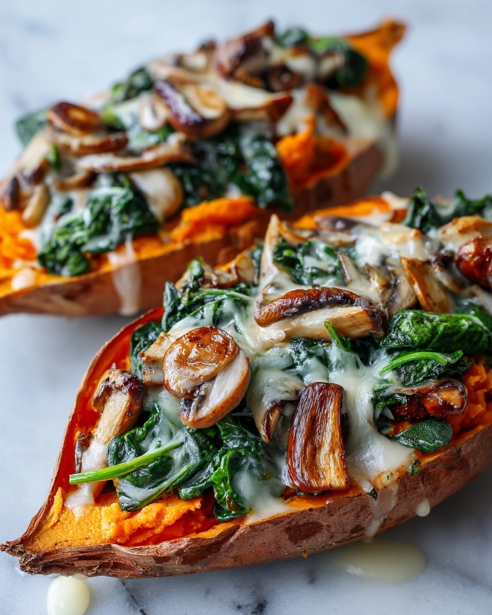 Two baked sweet potato halves sit side by side on a white marbled surface, each filled with layers starting with bright orange soft sweet potato at the base. On top, there is a layer of dark green sautéed spinach, followed by cooked sliced mushrooms in light brown shades. The whole dish is finished with a creamy melted cheese sauce drizzled over the vegetables, adding a smooth pale color and slightly shiny texture. The edges of the sweet potatoes are crisp and slightly browned. Photo taken with an iphone --ar 4:5 --v 7