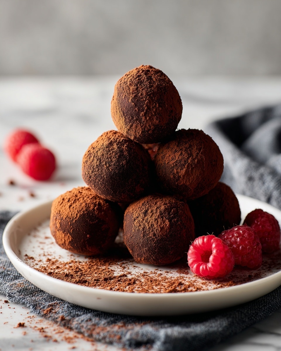 A white plate holds six dark brown round chocolate truffles stacked in a pyramid shape, each covered in a fine layer of cocoa powder giving them a slightly rough texture; the cocoa powder is also scattered loosely around the base of the truffles on the plate, with a few bright red raspberries placed beside the stack, all resting on a textured dark gray cloth over a white marbled surface. Photo taken with an iphone --ar 4:5 --v 7
