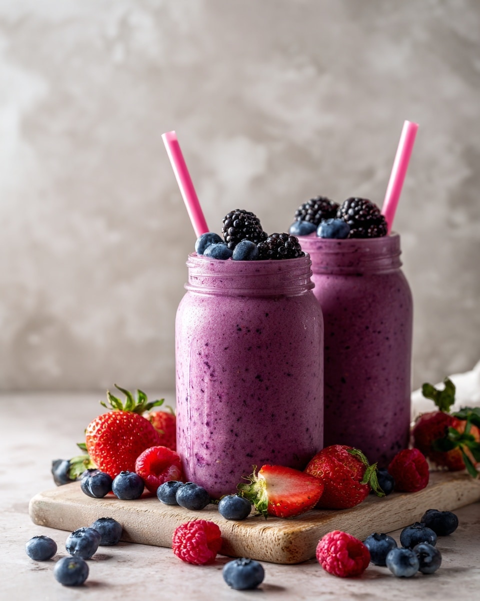 Two clear glass jars filled with thick, smooth purple berry smoothies sit side by side, each topped with three shiny blackberries. The smoothies have a creamy texture with tiny berry specks visible inside. A long pink straw stands upright in each jar, slightly textured and matching the purple tone of the smoothie. The jars rest on a light wooden board scattered with fresh blueberries, strawberries, raspberries, and blackberries, giving the scene a fresh and colorful look. The background surface shows a white marbled texture with soft natural light highlighting the vibrant colors. photo taken with an iphone --ar 4:5 --v 7