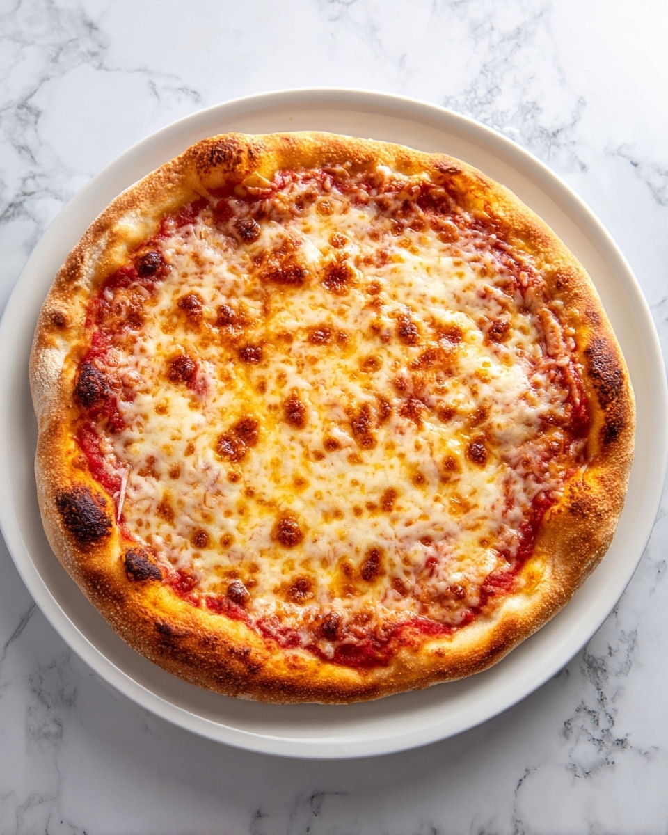 A round pizza with a thick, golden-brown crust that has some dark charred spots, topped with a layer of melted cheese that covers the whole surface with patches of golden bubbles and browned spots, sitting on a white plate. The pizza has a visible thin layer of tomato sauce beneath the cheese, peeking through in some areas near the crust. The plate is placed on a white marbled surface. photo taken with an iphone --ar 4:5 --v 7