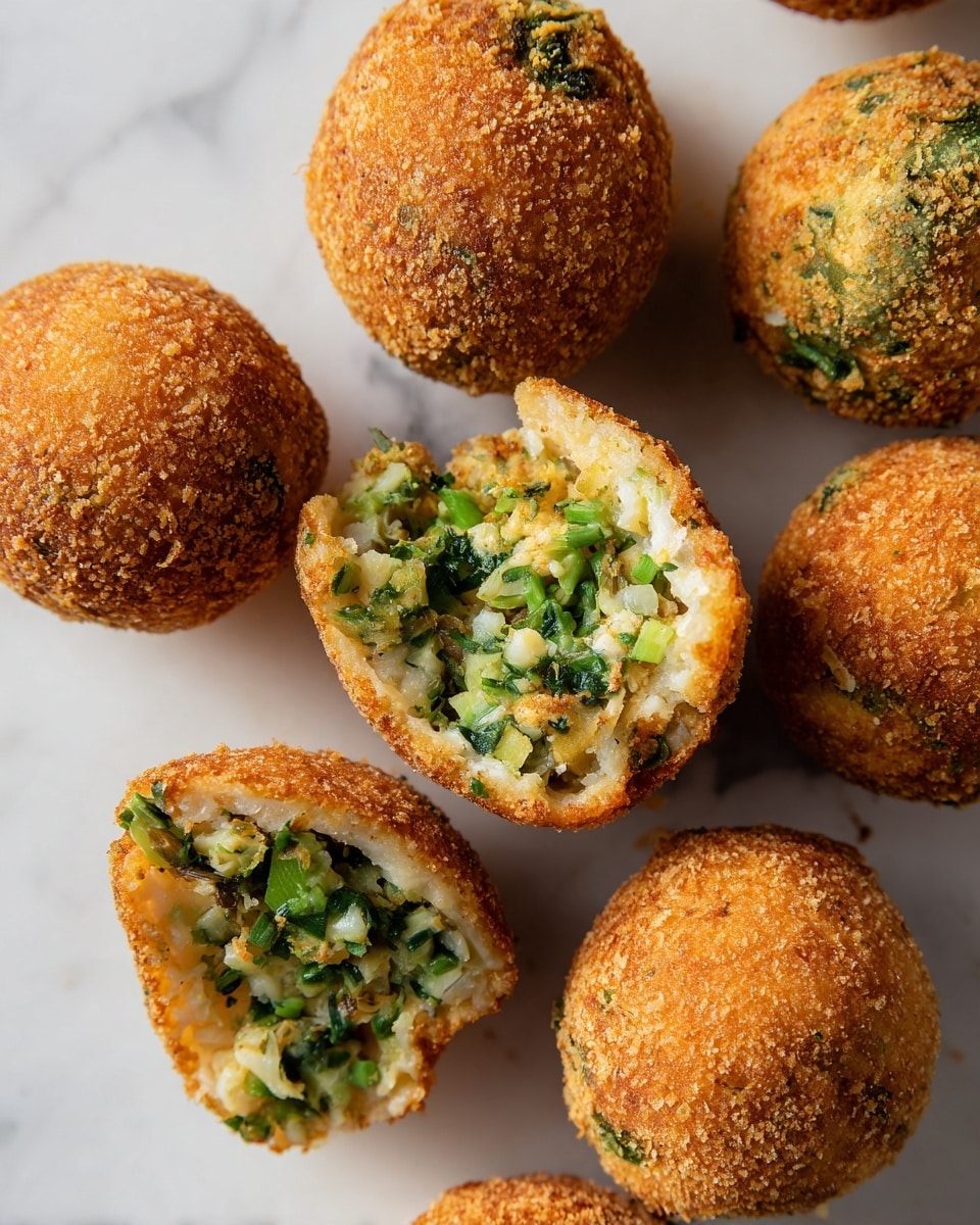 Several golden brown, round fried snacks are shown close up, each with a rough, crispy exterior. Some are whole, while others are cut in half, revealing the inside layers: a soft green filling mixed with chunks of white and light brown pieces, surrounded by a thick, crunchy golden crust. The snacks are piled together on a clean white plate, all resting on a white marbled surface. The image focuses tightly on the snacks, highlighting the texture contrasts between the crunchy outside and the soft, colorful filling inside. photo taken with an iphone --ar 4:5 --v 7