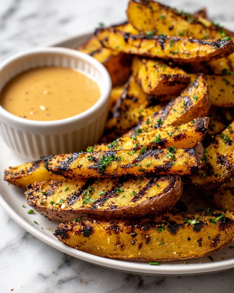 The image shows a close-up of several grilled potato wedges stacked in a slightly scattered way. Each wedge has dark brown grill marks and a crispy, golden-brown outer layer with some green herbs sprinkled on top. The wedges have a rough texture from the grilling, and behind them, there is a small white bowl filled with a smooth, light brown sauce. The background is a white marbled surface. photo taken with an iphone --ar 4:5 --v 7