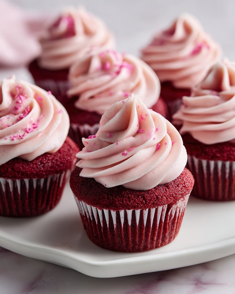 The image shows six red velvet cupcakes arranged closely on a white ceramic plate with a small wavy edge. Each cupcake has a rich, deep red base with a soft texture and is topped with a thick swirl of smooth, light pink frosting. The frosting is piped high in a spiral pattern with a creamy, slightly glossy look. There are small pink crumbs sprinkled on the frosting. The background is a white marbled surface with a soft focus. photo taken with an iphone --ar 4:5 --v 7
