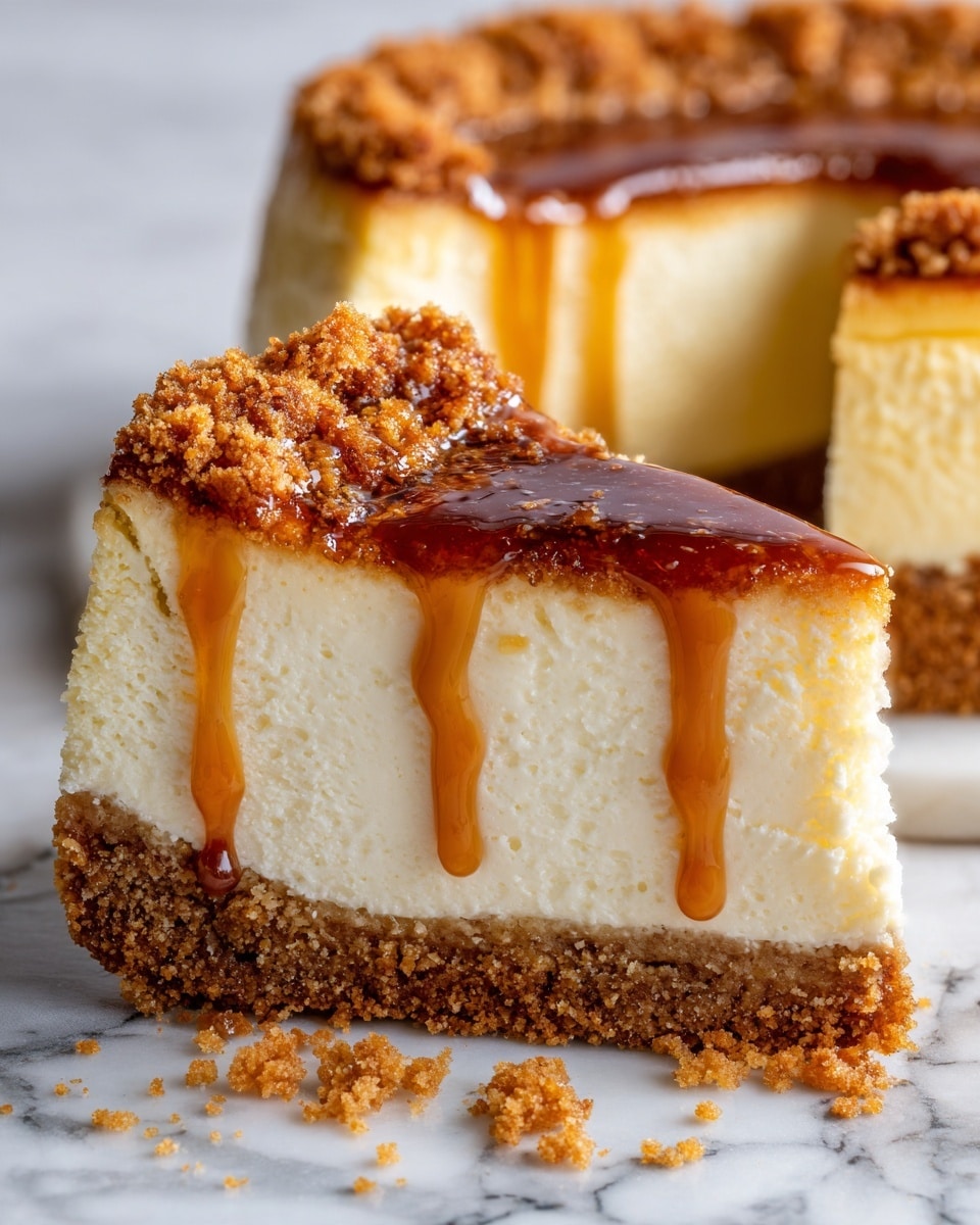 This image shows a close-up of a small cheesecake with two clear layers. The bottom layer is a crumbly, light brown crust that looks crunchy and holds the cake up. The top layer is thick and creamy with a pale off-white color and a smooth but slightly grainy texture. On top, there is a thick drizzle of shiny caramel sauce that flows down the sides in uneven spots. The cheesecake is in a silver pan, and a big slice has been taken out, showing the inside layers clearly. The background has a white marbled texture. Photo taken with an iphone --ar 4:5 --v 7