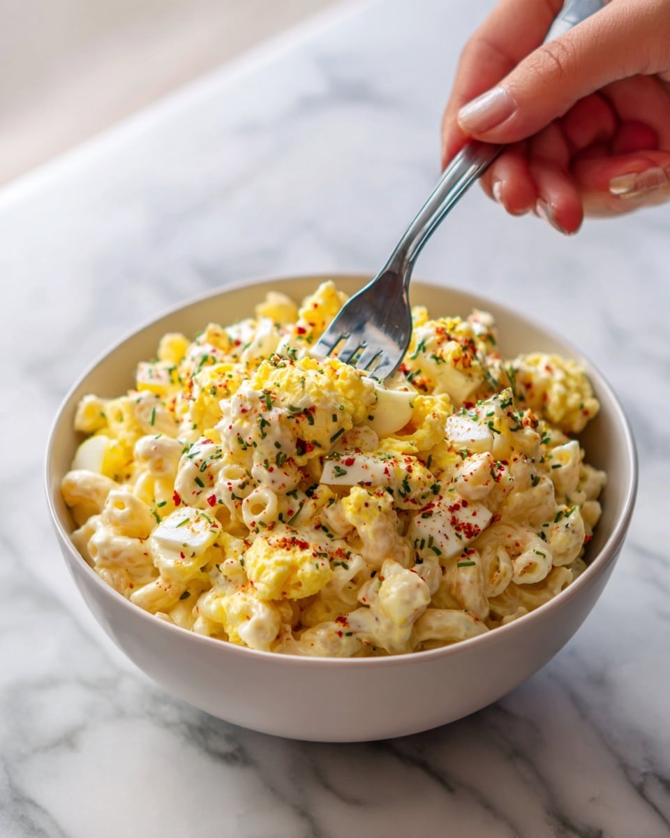 The image shows a close-up of a creamy macaroni salad in a white bowl placed on a white marbled surface. The salad has three main layers: small elbow macaroni coated in a thick, pale yellow creamy sauce making the bulk of the dish, pieces of deviled egg mixed throughout with white and yellow tones, and small green herbs sprinkled on top, adding a fresh touch. There are also tiny red bits scattered over the salad, likely paprika or chili flakes, giving a bright contrast to the creamy colors. The texture looks smooth and creamy with slight specks of herbs and spices. Photo taken with an iphone --ar 4:5 --v 7