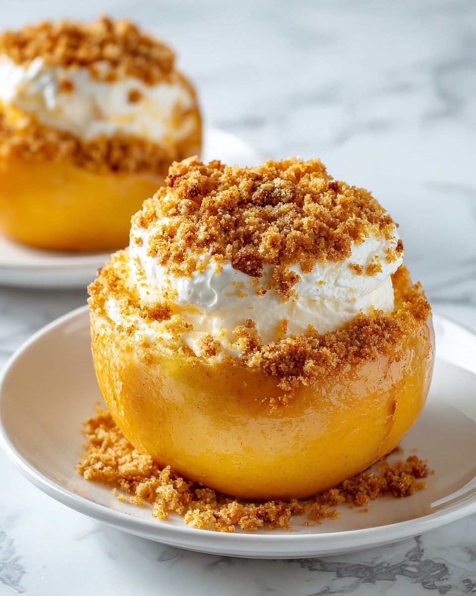 The image shows three cheesecake-stuffed baked apples arranged on a white plate set on a white marbled surface. Each apple is golden brown and glossy, with the top half sliced off and filled with a smooth, pale cheesecake layer that slightly spills over the edges. On top of the cheesecake layer, there is a crumbly, golden brown streusel topping that adds texture and a crunchy appearance. The focus is on the front apple, showing a close-up of the crumbly topping and creamy filling, while the other two apples appear softly blurred in the background. photo taken with an iphone --ar 4:5 --v 7