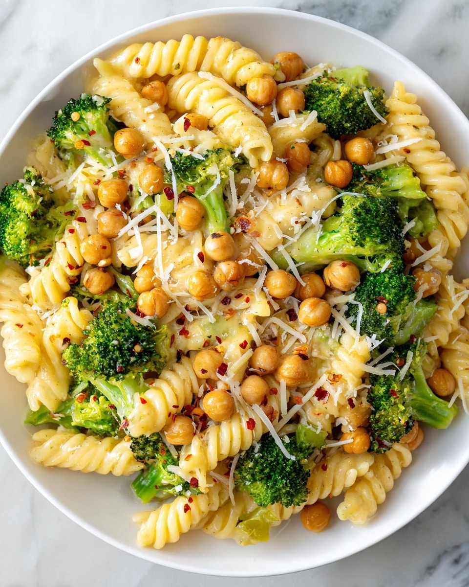A white round plate filled with a creamy pasta dish made of spiral rotini noodles as the base layer, pale yellow in color, with scattered light green broccoli florets adding texture on top. Mixed among the broccoli are light beige chickpeas spread evenly, giving round shapes contrasting with the noodles and broccoli. A light sprinkling of finely shredded white cheese and small red chili flakes covers the entire surface, adding fine texture and color contrast. The dish rests on a white marbled background. photo taken with an iphone --ar 4:5 --v 7