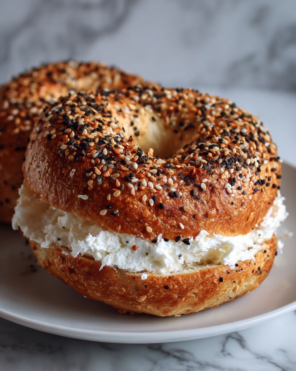 A golden brown bagel with a shiny, crispy top sprinkled with white and black sesame seeds, placed on a white plate. The bagel is cut open to show a thick, creamy layer of white cream cheese inside, with a soft and fluffy texture visible in the torn bread. The background is a white marbled texture. photo taken with an iphone --ar 4:5 --v 7