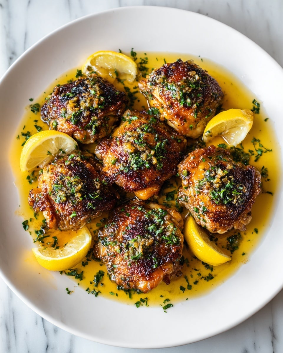 A white plate holds seven pieces of golden-brown roasted chicken thighs with crispy skin, each topped with bright green chopped herbs. Thin lemon slices and lemon wedges are placed between and on top of the chicken pieces, adding pops of yellow. The chicken sits in a light, clear sauce with herbs floating in it, giving a fresh and glossy look. The plate is set on a white marbled surface. photo taken with an iphone --ar 4:5 --v 7