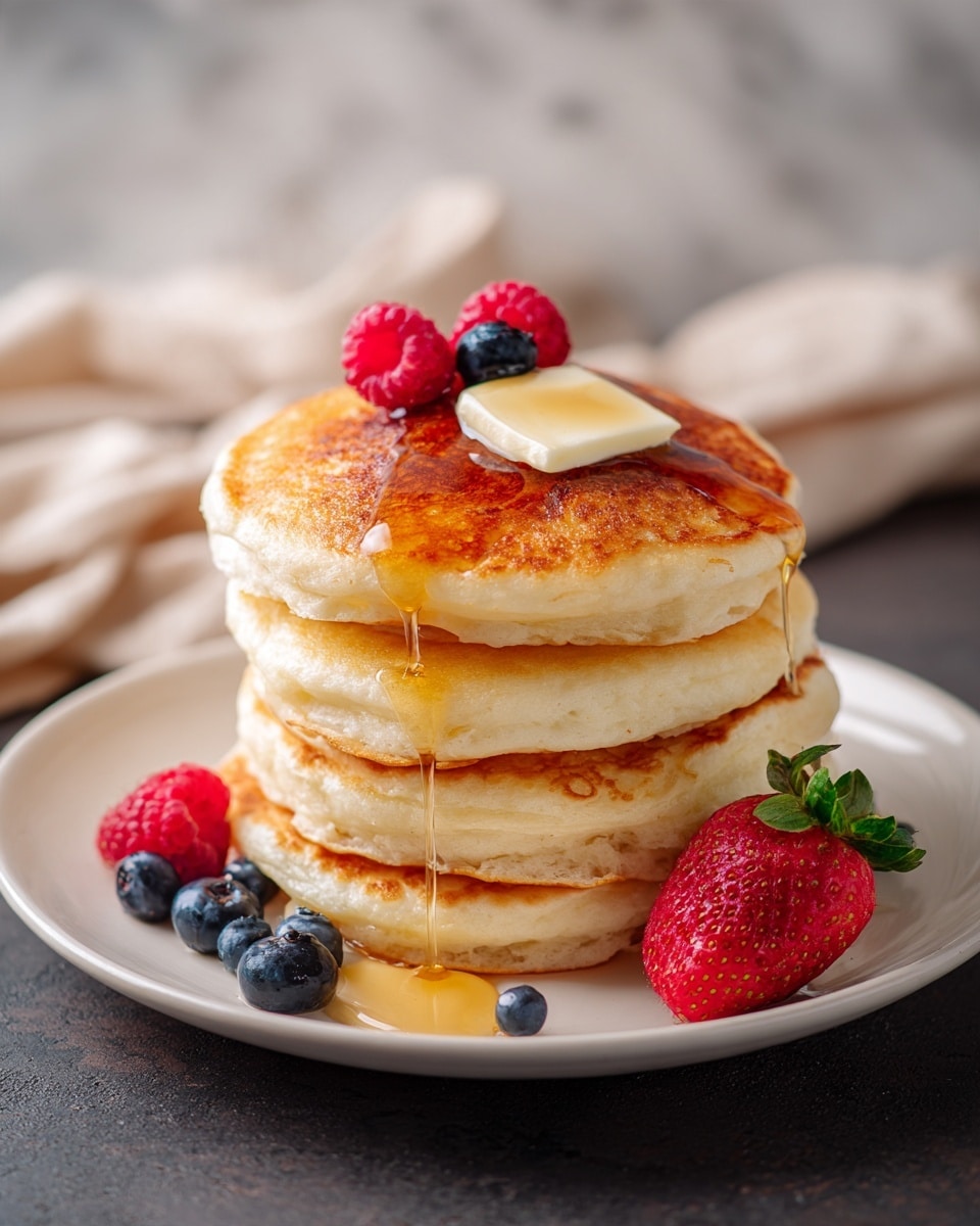 A stack of four thick, golden brown pancakes with a slightly crispy top layer is placed at the center of a white plate. On top of the stack, a small square of melting butter sits, surrounded by two red raspberries and two dark blue blueberries. Amber syrup is slowly dripping down the right side of the pancakes, pooling slightly on the plate. Around the base of the pancake stack, there is one halved red strawberry with green leaves, one raspberry, and one blueberry. The plate rests on a dark surface with a soft focus kitchen background. photo taken with an iphone --ar 4:5 --v 7