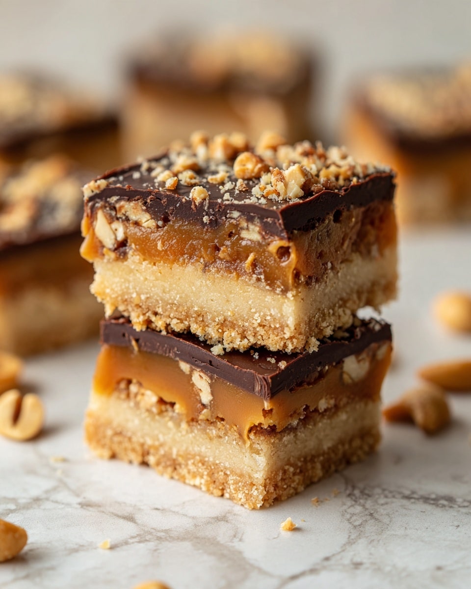 A close-up view of three stacked dessert bars showing three clear layers; the bottom layer is a thick, crumbly pale beige crust, the middle layer is a golden caramel with visible chunks of peanuts embedded inside, and the top layer is a smooth, rich dark brown chocolate layer with a slightly cracked texture on the surface, all set against a white marbled texture. Photo taken with an iphone --ar 4:5 --v 7