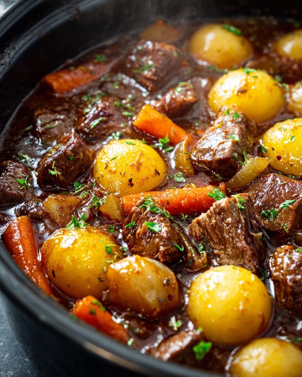 A round white pot is filled with a hearty beef stew that has about three layers. The bottom layer is a rich, dark brown broth. The middle layer consists of large chunks of brown beef, whole yellow baby potatoes, and whole orange baby carrots, which are scattered evenly throughout. On top, there are small whole yellow onions and pieces of browned mushrooms, all coated in the glossy, thick sauce. The pot sits on a white marbled surface. photo taken with an iphone --ar 4:5 --v 7