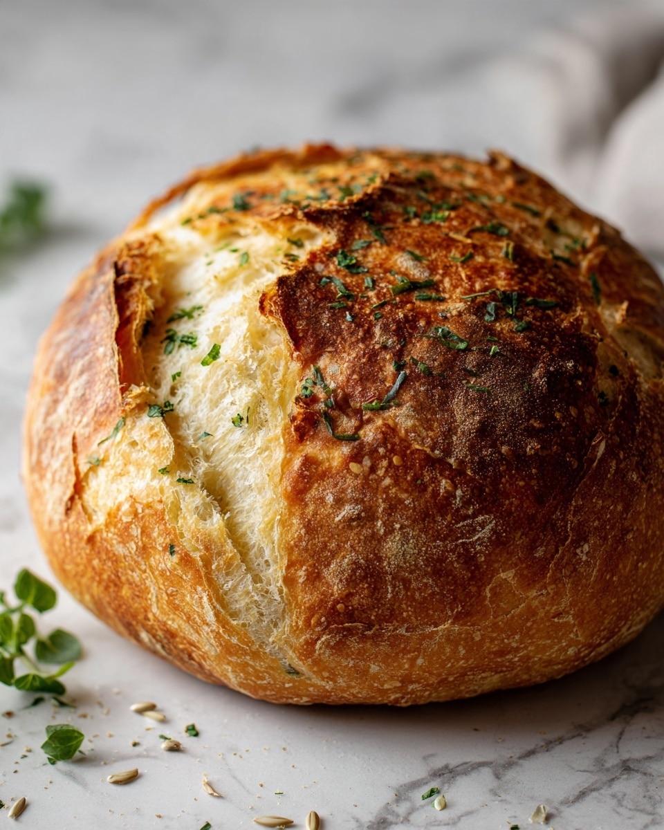 The image shows a round loaf of bread with a thick, golden-brown crust that has dark, crispy patches on top. The surface has deep, rustic cracks revealing a soft, light yellow inside bubbling through. Small green herb leaves are scattered over the crust, adding color and texture. The bread is set on a dark surface with some fresh sage leaves and pumpkin seeds next to it. The background is changed to a white marbled texture. photo taken with an iphone --ar 4:5 --v 7