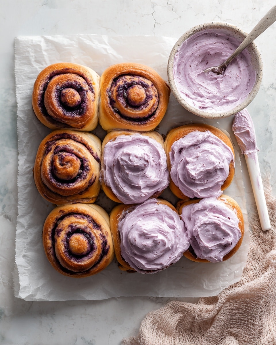A set of nine cinnamon rolls arranged in a 3x3 grid on white parchment paper atop a white marbled surface, each roll showing golden-brown dough spiraled tightly with dark purple filling. Three of the rolls are topped with a thick layer of light purple frosting with a creamy, slightly swirled texture, applied evenly but without covering the filling underneath completely. To the right, a small rustic white bowl contains more of the same light purple frosting. Above the rolls, three stacked white plates are slightly visible. On the left side near the bottom corner, a spatula with some dark purple filling on its blade rests flat. A beige textured cloth with fringes lies near the lower right side of the frame. photo taken with an iphone --ar 4:5 --v 7
