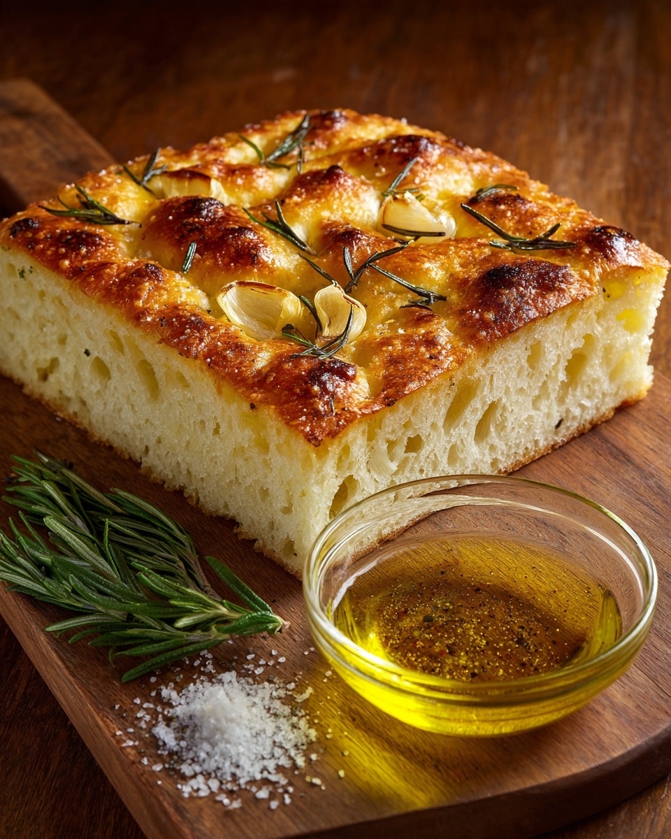 A thick slice of focaccia bread with a golden brown, crispy top layer covered in small rosemary sprigs and coarse salt, showing a soft, airy inside with a slightly uneven texture. The bread rests on a wooden board, next to a small clear glass bowl filled with olive oil and herbs, a sprig of fresh rosemary, and some salt crystals scattered around. The background is a white marbled surface. photo taken with an iphone --ar 4:5 --v 7