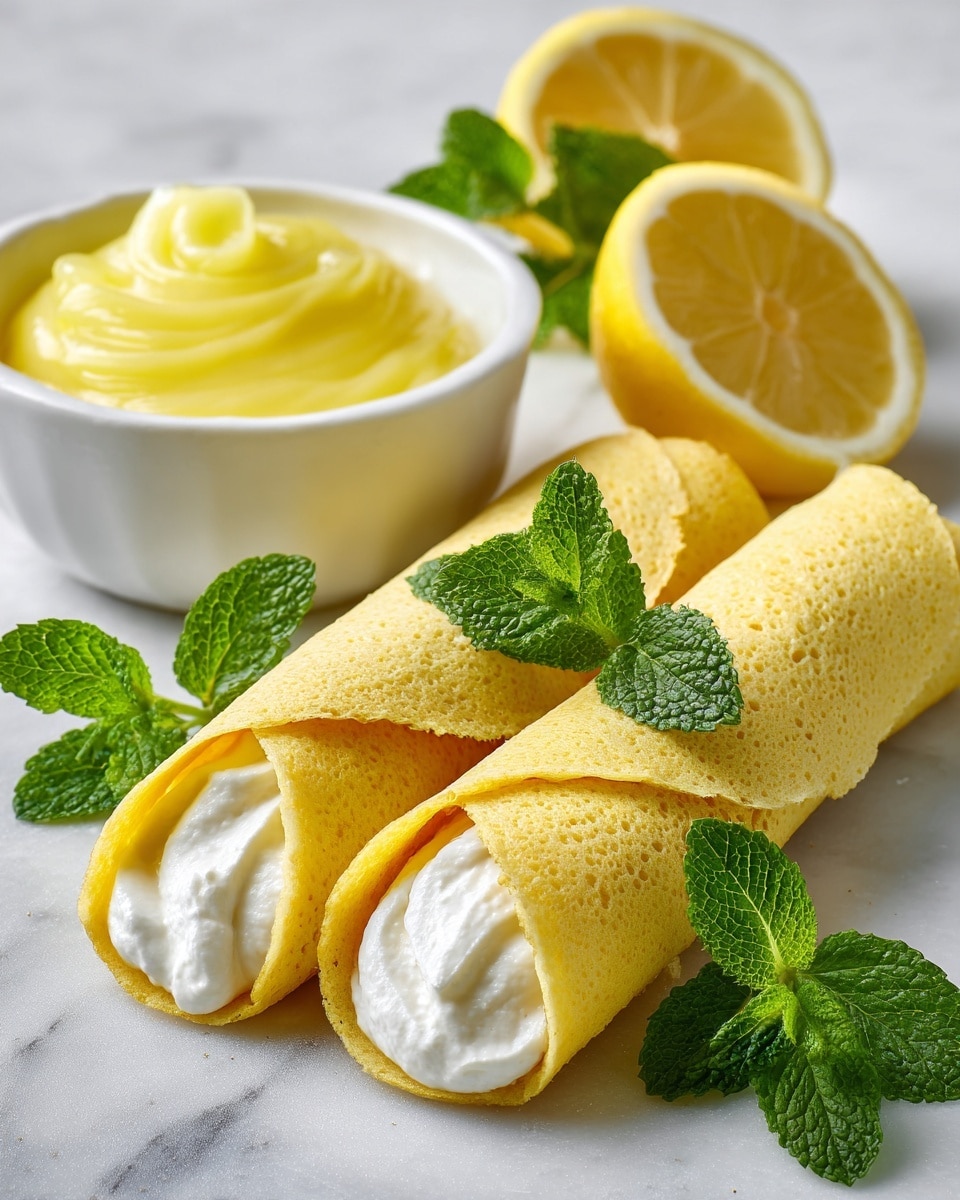 The image shows a close-up of two lemon-flavored rolled cakes placed on halves of fresh lemons, revealing a soft, moist, light yellow sponge with creamy white filling inside. The cakes have a smooth, glossy surface with a pale yellow color. Around the cakes are vibrant yellow lemon slices and green mint leaves scattered on a white marbled surface, adding bright contrasting colors. In the background, there is a small, clear glass bowl filled with lemon curd. A woman's hand gently holds one of the lemon rolls, slightly tearing it open to reveal the creamy center. photo taken with an iphone --ar 4:5 --v 7