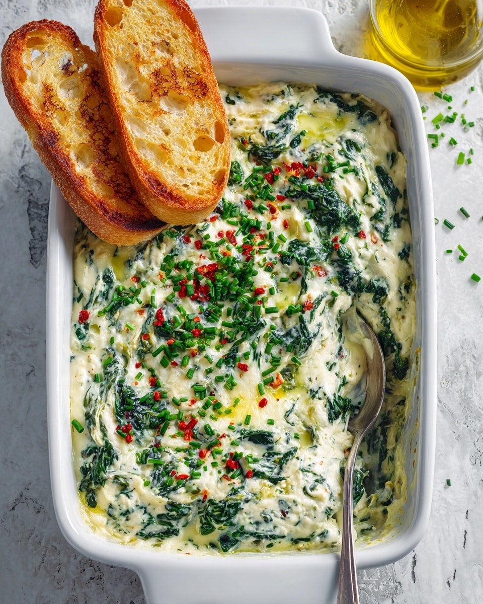A white rectangular dish filled with a creamy spinach and artichoke dip that has a thick, rich texture with visible dark green spinach leaves and small chunks of light yellow artichoke hearts mixed throughout. The surface is sprinkled with finely chopped green onions and small red chili flakes for color contrast. Two large, triangular toasted pita chips with a golden brown, crispy texture are placed upright in the dip on one side. A silver spoon rests partially inside the dip, showing its soft and scoopable consistency. In the background, there is a blurred glass jar filled with a yellow liquid on a white marbled surface. Photo taken with an iphone --ar 4:5 --v 7