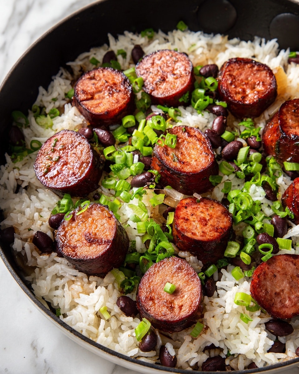 The dish is served in a round black pan filled with three main layers. The bottom layer is white rice mixed with black beans and small pieces of green vegetables, showing a slightly soft and textured look. On top of the rice, there are thick slices of grilled sausage rings, browned and slightly charred on the edges, showing a reddish-brown color with a juicy texture. The topmost layer is a fresh sprinkle of chopped green onions, bright green and crisp, scattered evenly across the sausage slices. The whole dish sits on a white marbled surface. photo taken with an iphone --ar 4:5 --v 7